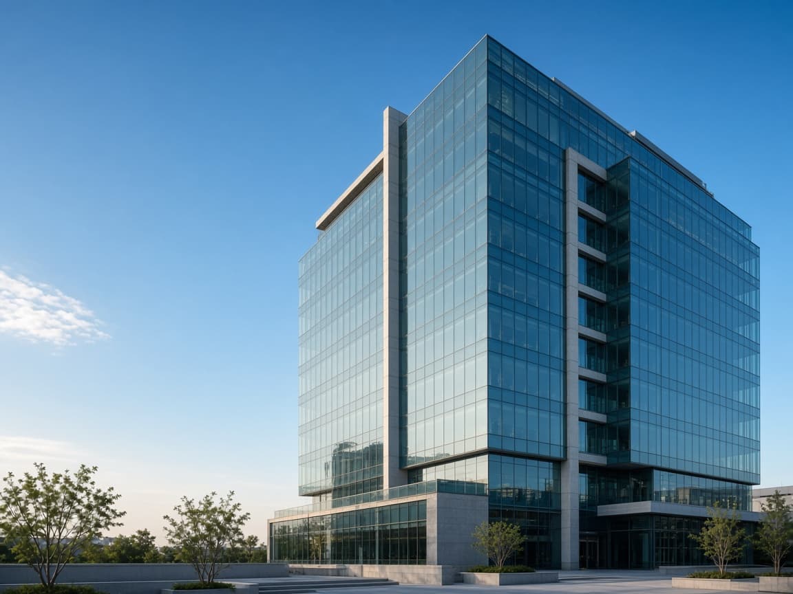 Modern glass office tower reflecting clear sky, suggesting executive oversight and portfolio clarity